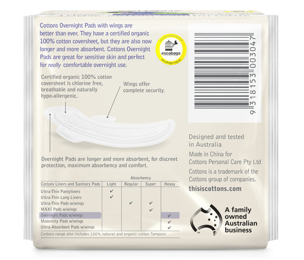 Cottons Organic Overnight Pads with Wings