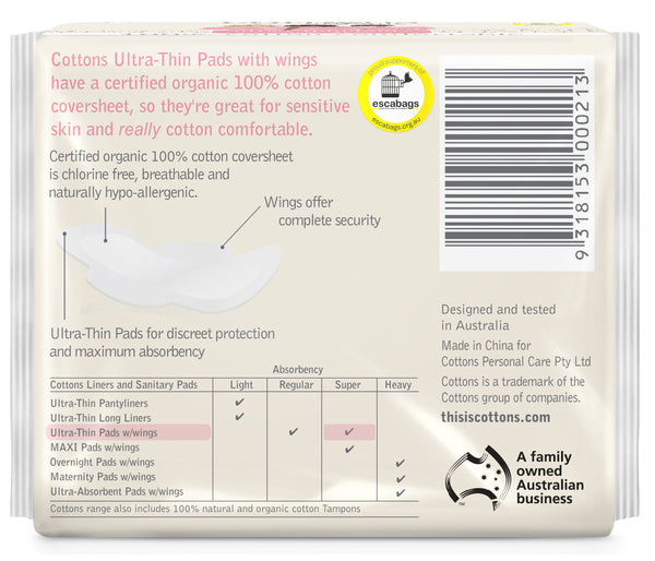 Cottons Organic Ultra Thin Super Pads with Wings