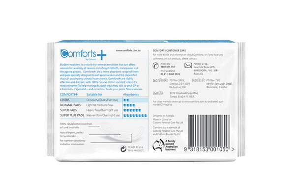 Comforts Plus Liners Natural Incontinence Pads For Women